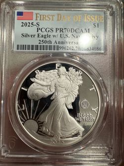 2025-S Silver Eagle PCGS PR70DCAM First Day of Issue - Navy Pr