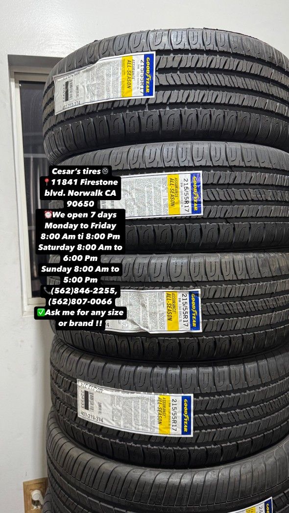 215/55R17 GOODYEAR ASSURANCE AS A SET OF FOUR NEW TIRES, INCLUDES MOUNTING AND BALANCING WITH WARRANTY, ASK ME FOR ANY SIZE OR BRAND, WE HAVE THE BES