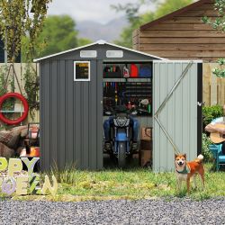 6x8FT Outdoor Steel Storage Shed with Clear Window, Lockable Doors, Compact Metal Tool Shed for Garden, Backyard, Patio, Utility, and Bike Storage,dar