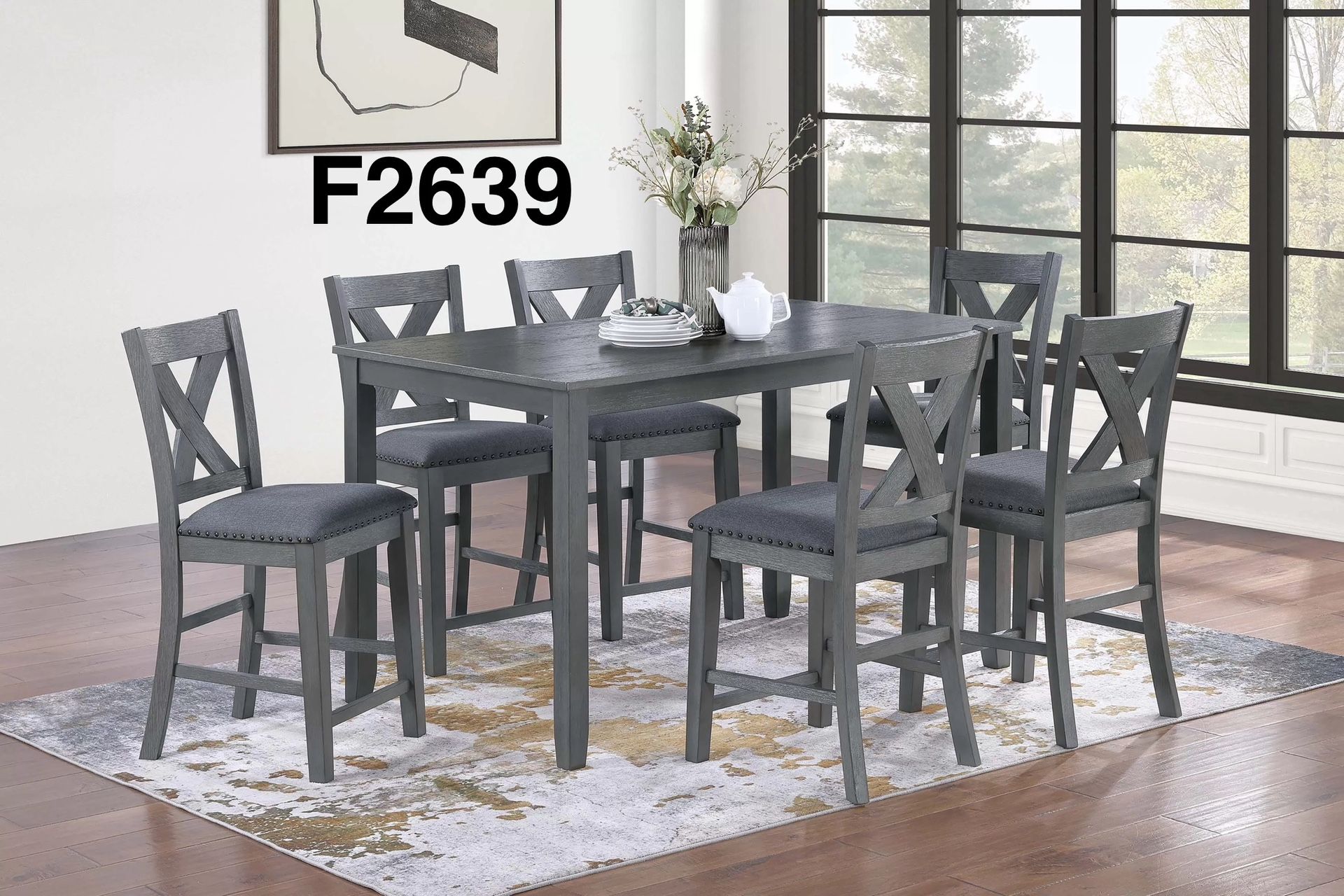 GREY COUNTER HEIGHT DINING TABLE WITH CHAIRS AND BENCH 