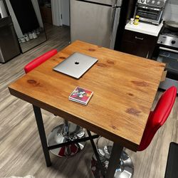 Brown High Table + 2 Red Leather Barstools ($150)