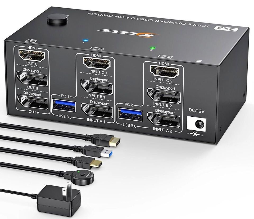 Triple Monitor KVM Switch 3 Monitors 2 Computers 8K@60Hz 4K@144Hz,MLEEDA HDMI+2 Display port