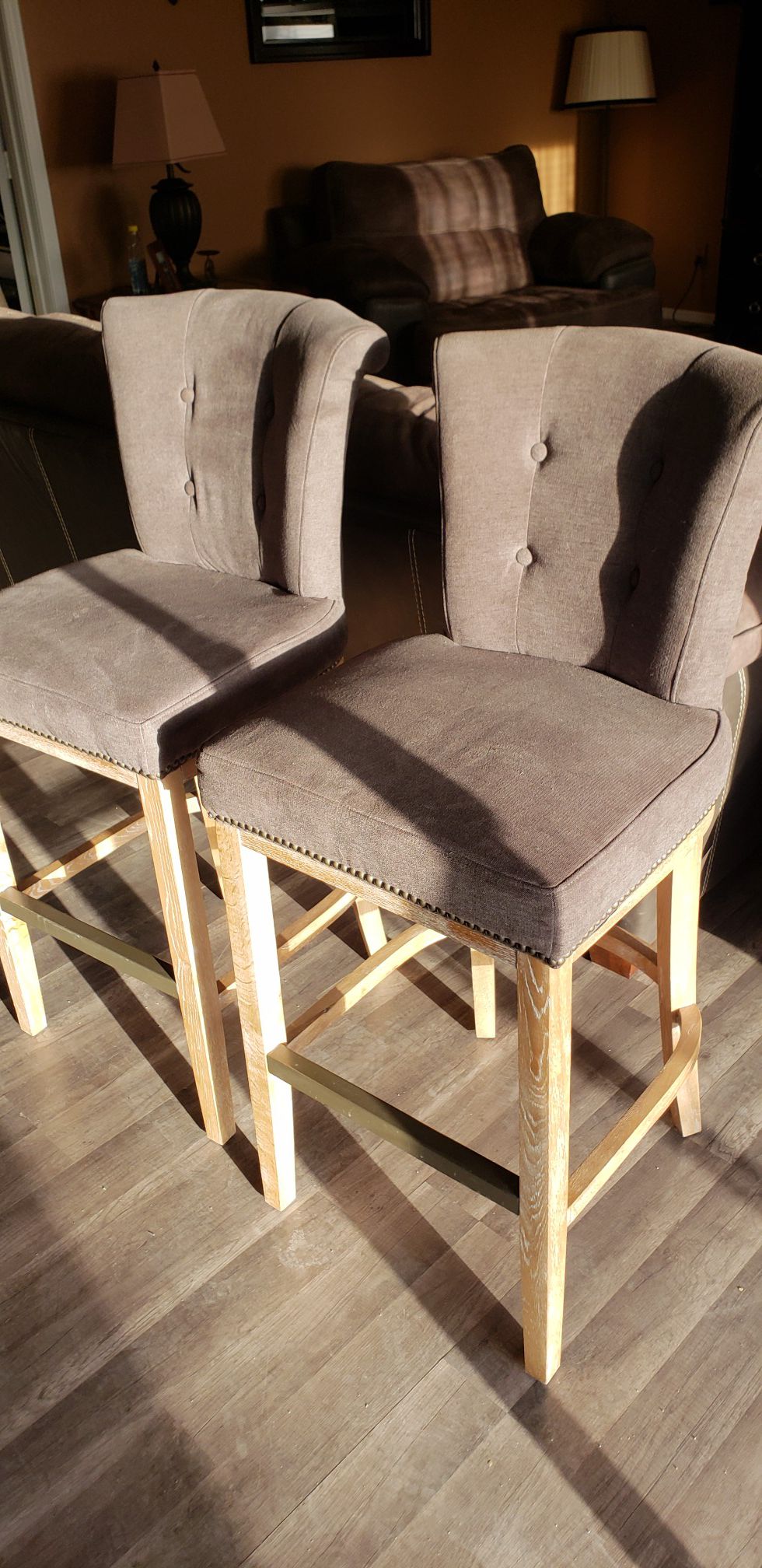 2 bar stools 29" from floor To seat...fabric grey