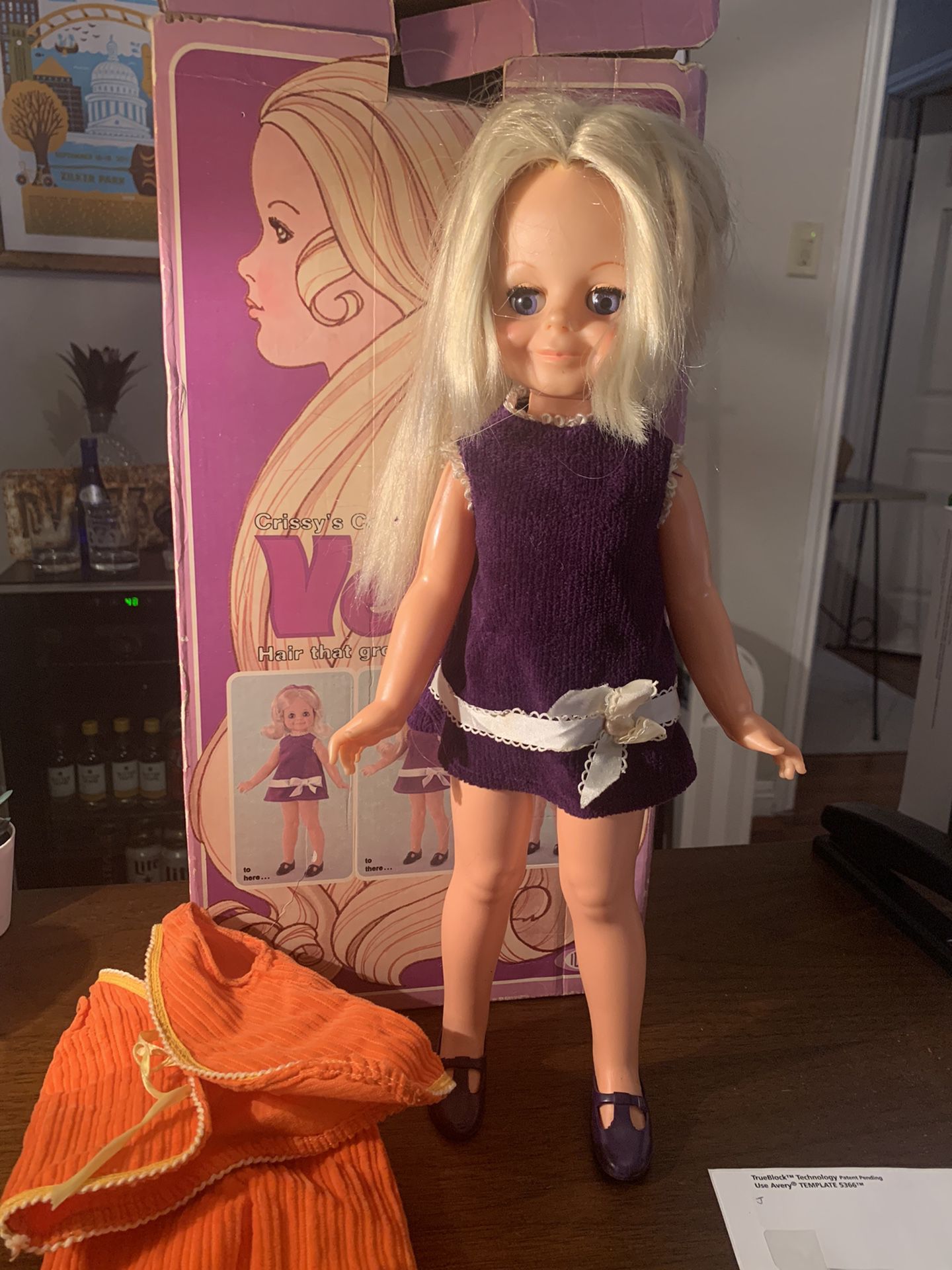 1960s VELVET doll. Hair grows. Includes original box and doll is in great condition includes a retro orange out fit. 38.00. Johanna Buda area. Antique