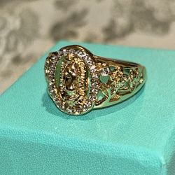 18K Solid Gold Our Lady of Guadalupe Religious Horseshoe CZ Mens Ring Size 9