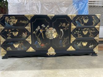 Vintage Korean Tansu Chinoiserie Style Credenza, 72” L x 31” H x 18” D,  Hand Painted