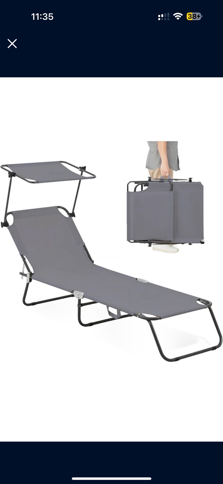 Folding Outdoor Lounge Chair, Beach Lounge Chair, 600D Fabric, Tanning Chaise Lounge Portable & Adjustable, with Canopy, 5-Positions, 265 lbs Capacity