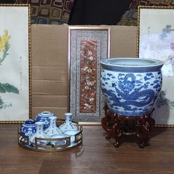 Vintage Chinese Watercolor Paintings Over Silk Embroidery + China