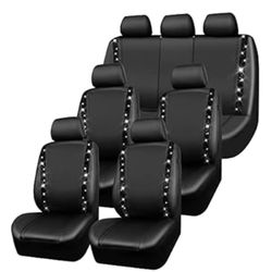 CAR PASS Bling Diamond Car Seat Covers, Shining Rhinestones Waterproof Faux Leather, 7 Seats 3 Rows with Zipper Glitter Crystal Sparkle Strips Univers