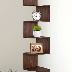 5 Tier Wall Mount Corner Shelves, Home Decor Hanging Shelves, Walnut