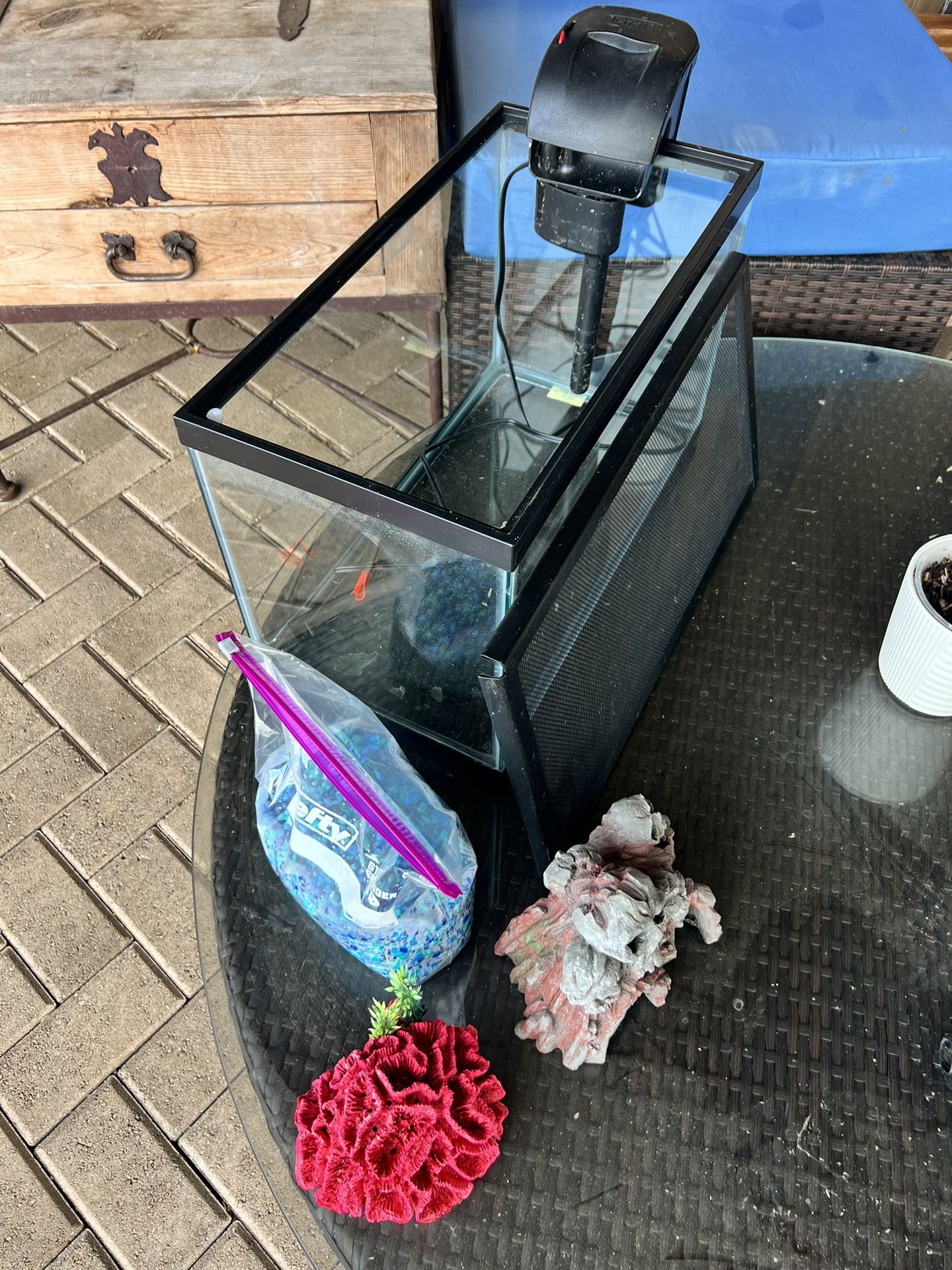 Fish Tank With Filter, Rocks And Decorations