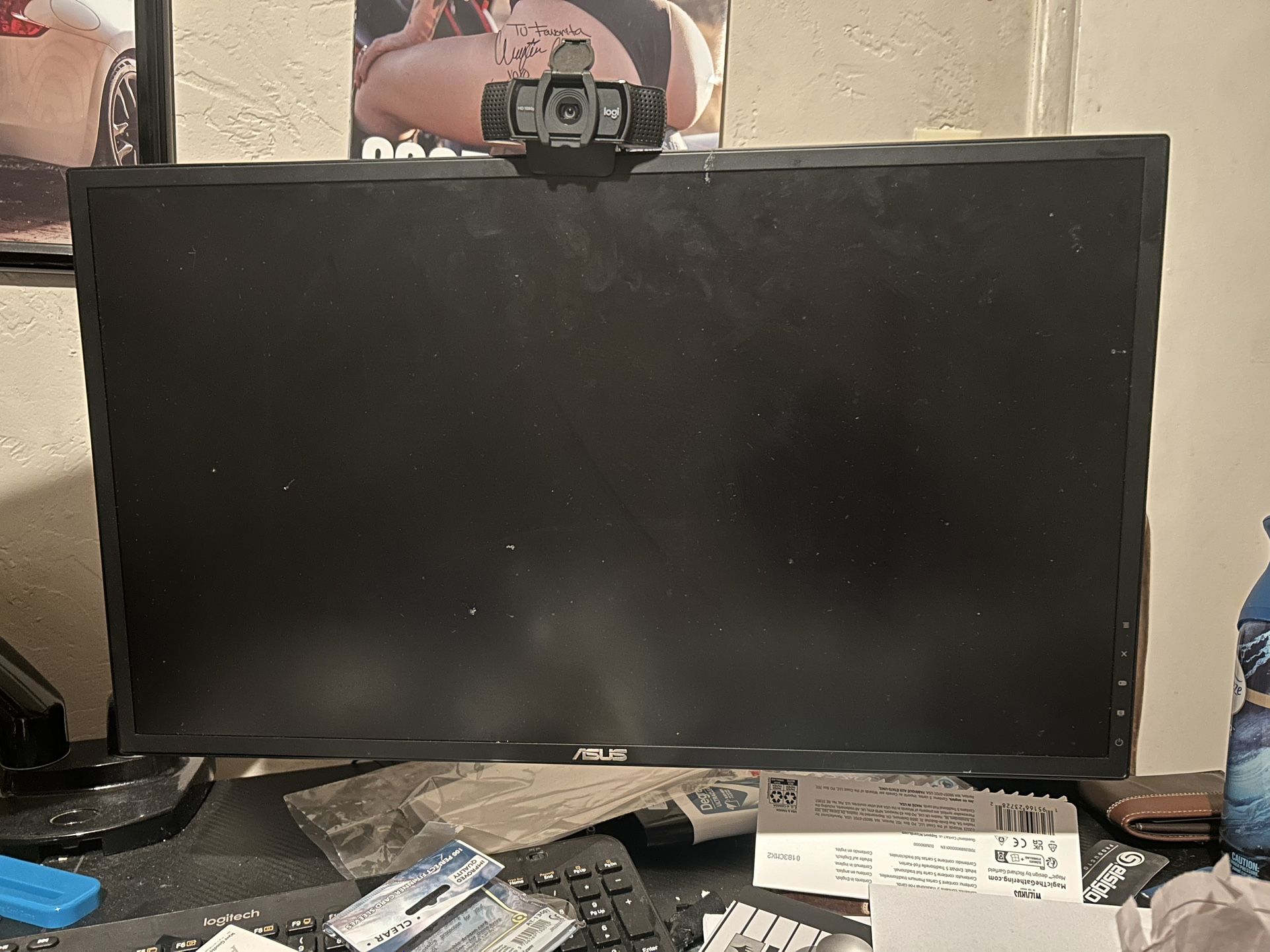 Dual ASUS monitors With Arms And Logitech Webcam