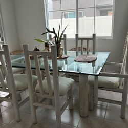 7 Piece Dinner Set - Solid Wood Log Dining Glass Table & 6 Chairs + Covers