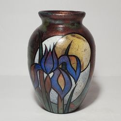 Braemar Raku Pottery Vase Handmade Metallic Blue Flower