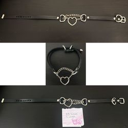 18 Inch Black Faux Leather Silver Heart Ring Choker 