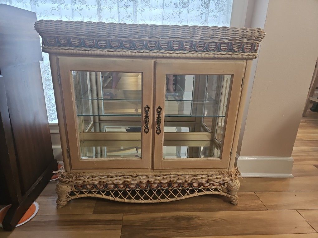Wicker Curio Cabinet with Glass Shelves