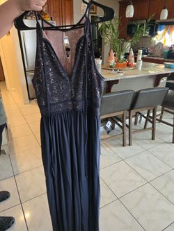 Navy Blue Sequin Lace Maxi Formal Dress