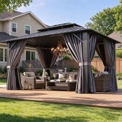 Aoxun 10x12FT Hardtop Gazebo with Double Galvanized Steel Roof, Dark Black Metal Frame Outdoor Pavilion, Patio Gazebo with Breathable Netting & Privac
