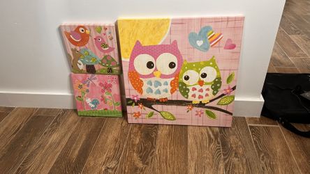 Pink Owl Wall Art Paintings 