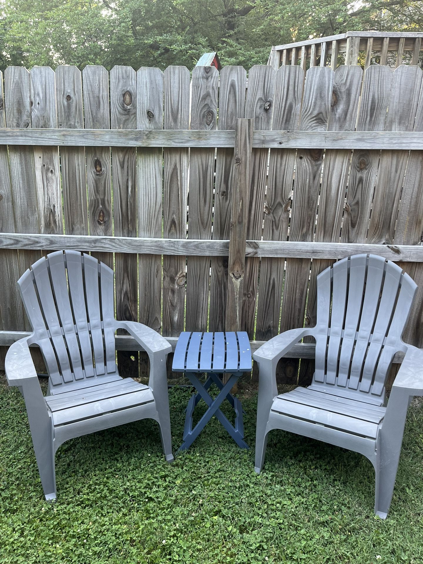 2 Grey Plastic Adirondack Chairs + Side Table