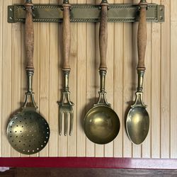 Antique Kitchen Utensils Mid Century, Set 4 Vintage French Kitchen Utensils Fork, Spoon, Ladle, Skim