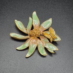 Vintage MJ M Jent Green Enamel Flower with Yellow Butterfly Brooch Pin