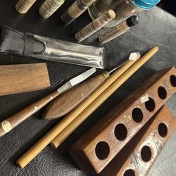 Vintage Artist Paint Pigments Lot China Paint Cork Bottles Tools Wood Holders Studio Supplies
