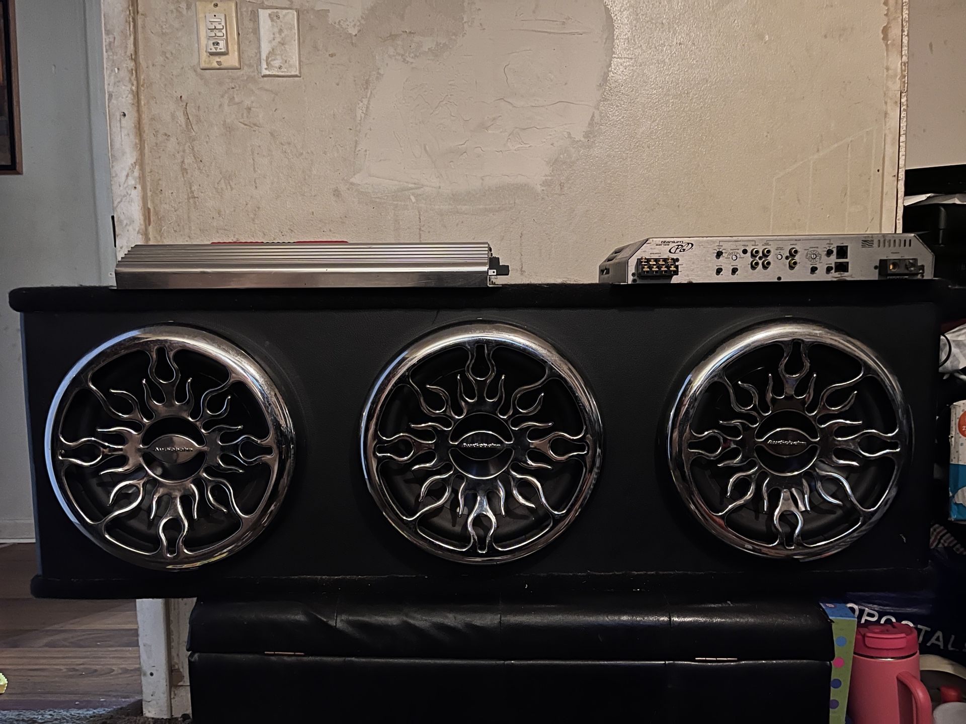 Sub speakers in box, amplifier, and crossover