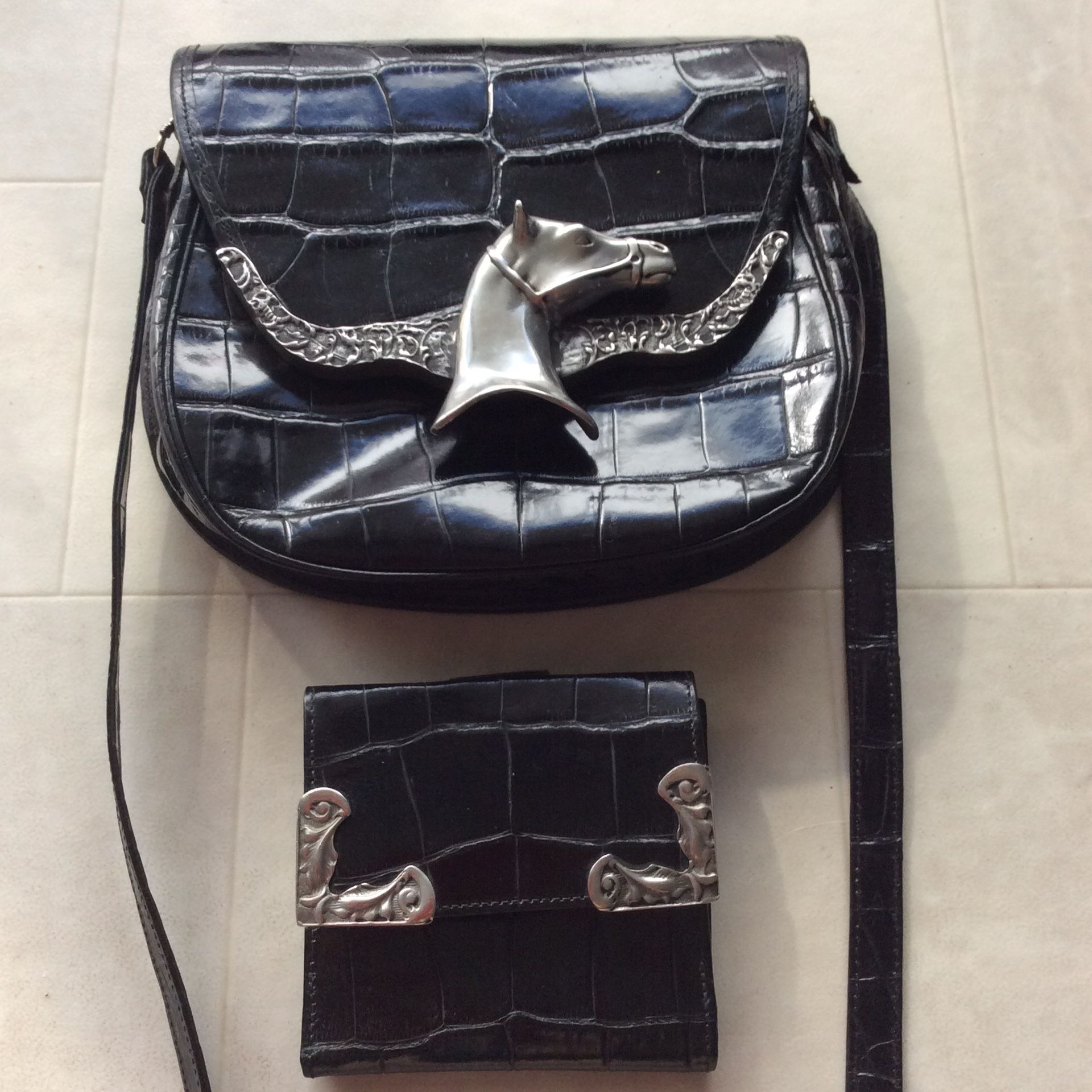 Glen Miller for Trina Turk Vintage West Horsehead Bag & Wallet Crocodile Leather with Heavy Silver Metal Accents Crossbody purse and Matching Wallet