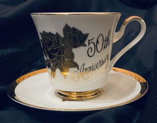 Vintage Chatillon Fine Porcelaine China made in Japan 50th Anniversary Gold Rimmed Teacup and Saucer