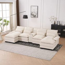 6-Seat Modern U-Shaped Sofa with Console, Cupholders and USB Ports, Sleeper Couch Set with Double.