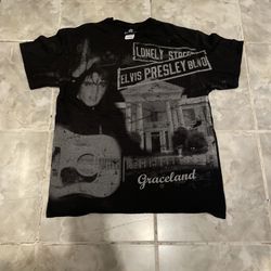 Elvis Presley AOP Graceland Band Rap Tee T-Shirt SZ Large Black Y2K