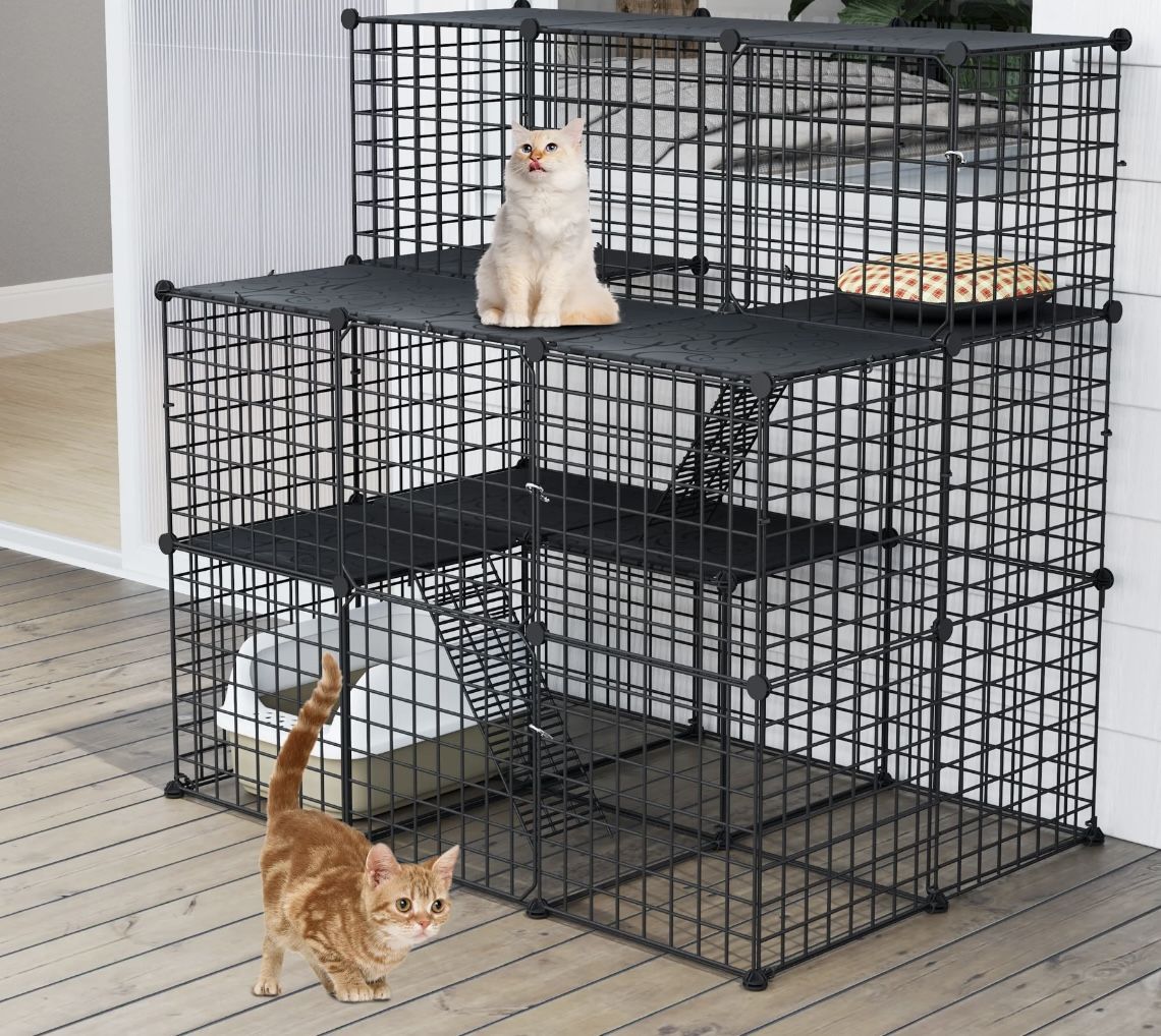 Dextrus Spacious Large Cat Cage,Cat Enclosure with Outdoor Balcony: Detachable 3-Tier Metal Wire Kennels for Indoor Use,DIY Cat Kennels Crate Playpen