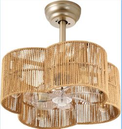 New 19” Woven Rattan Fandelier Ceiling Fan with Light& Remote Vintage Rustic Wicker Boho Dimmable