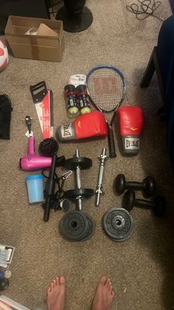 Weights, boxing, tennis, pet stuff, saw