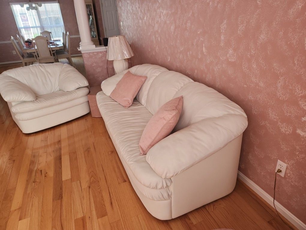 2 Piece White Leather Sofa And Chair
