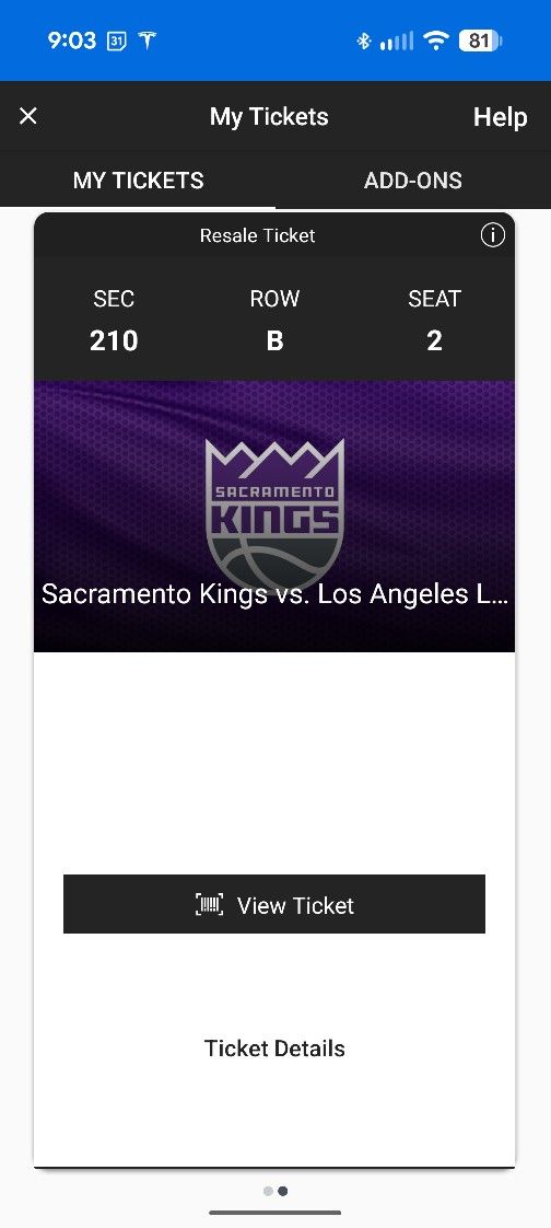 Sacramento Kings vs. Los Angeles Lakers on Sunday, 10/26 - 2 Tickets, Great Seats!