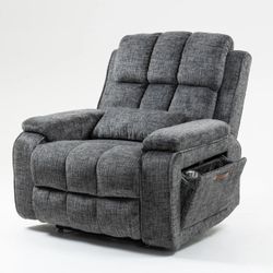 #637ab,#637ab Oversized Gray Chenille Power Lift Recliner Chair w/Extended Footrest & Pull-Out Side Storage