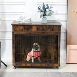 Dog Crate Furniture, Wooden Dog House, Decorative Dog Kennel with Drawer, Indoor Pet Crate End Tabl