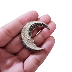 925A Thailand Real Marcasite Gem CZ Crescent Moon Face Pin Brooch Pendant 1.5"