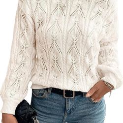 Women's Casual Off Shoulder Hollowed Out Boat Neck Long Sleeved Knitted Sweater Pullover with Geometric Pattern