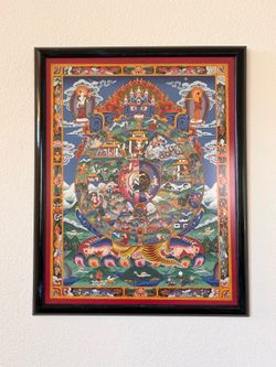 25.5” x 20” A Contemporary Hand Painted Tibetan Bhavacakra ( Wheel Of Life ) Thangka Painting.