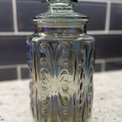 Vintage Iridescent Glass Apothecary Jar with Lid – Pressed Floral Design