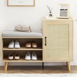 Natural Wood Shoes Organizer With Seat 