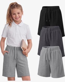 3 Pack Girls Shorts Bermuda Shorts Teen Uniform School Shorts for 7-8 Y, Kids Knee Length Pull-on Sweat Shorts, Summer Casual Short, with Drawstring a