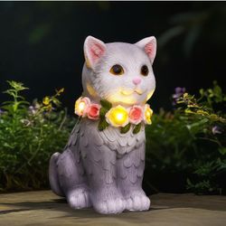 Solar Cat Statue Garden Decor - Cat Gifts for Mom Cat Decor with Solar Flowers LED Lights Outdoor Yard Decor
