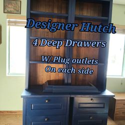 Dark Blue Designer Hutch/Bookcase, 4 Drawers, 2 Built In Outlets