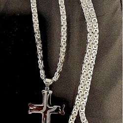 18k White Gold Stainless Steel Byzantine Necklace 30” And Cross Charmer