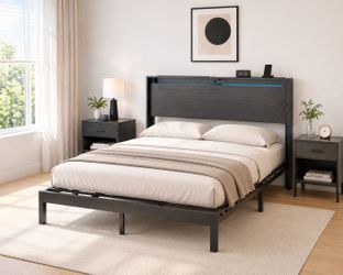 Black King Size Bed Frame with LED Lights & Built-in Outlets