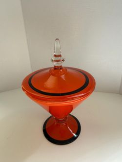 Westmoreland Orange Art Deco Glass Cone Covered Candy Dish 1950s